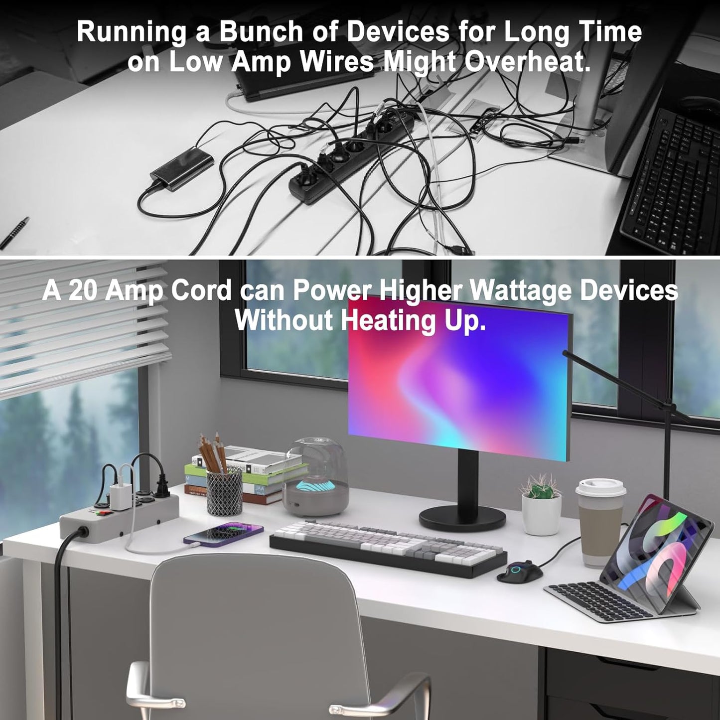 HEZI 20A Power Strip Surge Protector Durable Metal 8-Outlet with Heavy Duty 20 Amp Extension Cord,12 Gauge for Garage,Workshop & Industrial Use with 6-20R T-Slot Outlets,4800J(Grey,6FT)