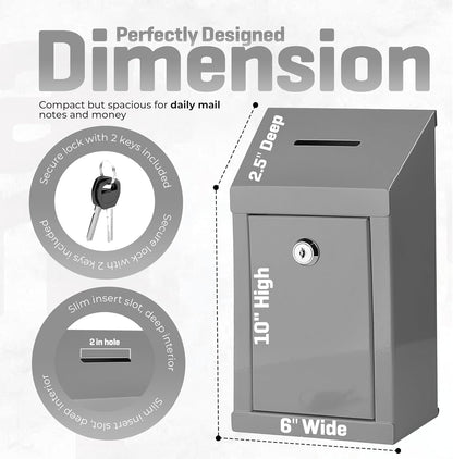 Metal Donation Box-Suggestion Box with Slot and lock-Cash Lock box for Money-Secure Drop Box-Comment and ballot voting box-comes with pre-drilled holes for easy wall mounting 10 X 6 X 2.5"(Grey)