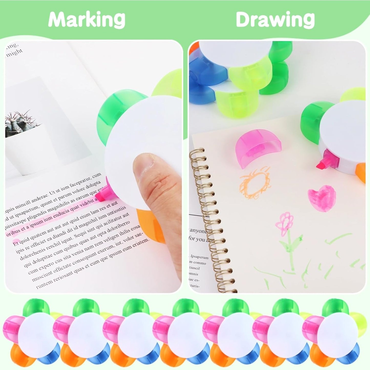 50 Pcs Petal Highlighters, Flower Shape Fluorescent Pens, 5-in-1 Highlighters for Marking, Drawing, Petal-Shaped Aesthetic Markers for Homes, Schools, Office Stationery Supplies (50)