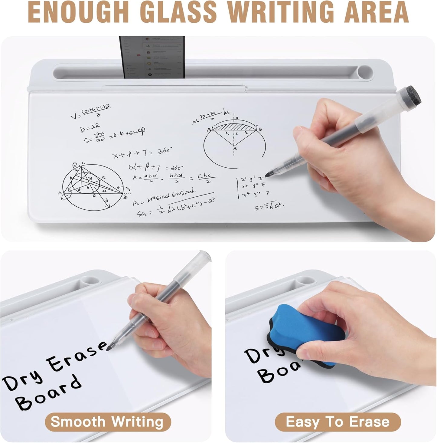 SELEAD Desktop Glass Whiteboard with Organizer & Built-in Mirror, Small Dry Erase White Board Computer Pad Keyboard Stand for Home, School, Office Desk Accessories - White