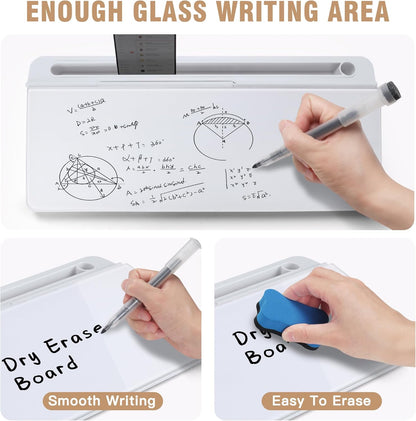 SELEAD Desktop Glass Whiteboard with Organizer & Built-in Mirror, Small Dry Erase White Board Computer Pad Keyboard Stand for Home, School, Office Desk Accessories - White