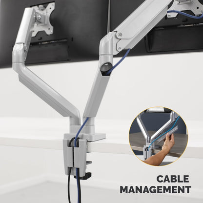 Fellowes Platinum Series Dual Monitor Arm for 40-Inch Monitors, Full Motion, 360° Rotation, VESA Mount with Grommet or Clamp, USB Ports, Ergonomic, Silver, 8056501