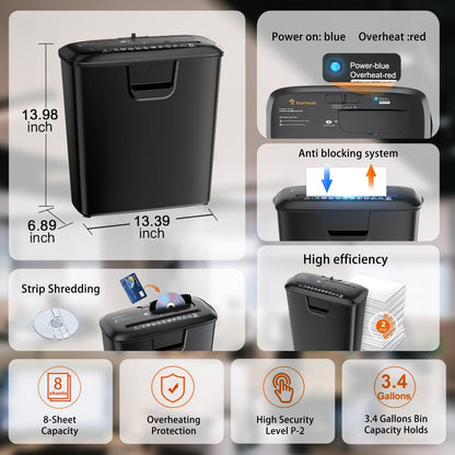 Bonsaii 8-Sheet Strip-Cut Shredder for Home – Compact Home Office Paper Shredder with Overheat Protection, Capable of Shredding CDs and Credit Cards, Includes a 3.4-Gallon Waste Bin