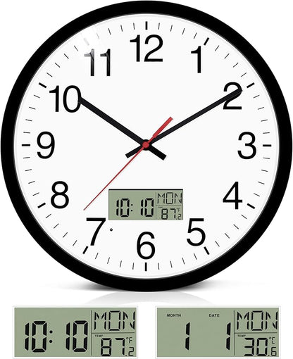 12" Digital Wall Clock with Temp Week Switchable Time and Perprtual Calendar on LCD Display, Silent Battery Operated Analog Clock for Bedroom Classroom Office Garage (Black)
