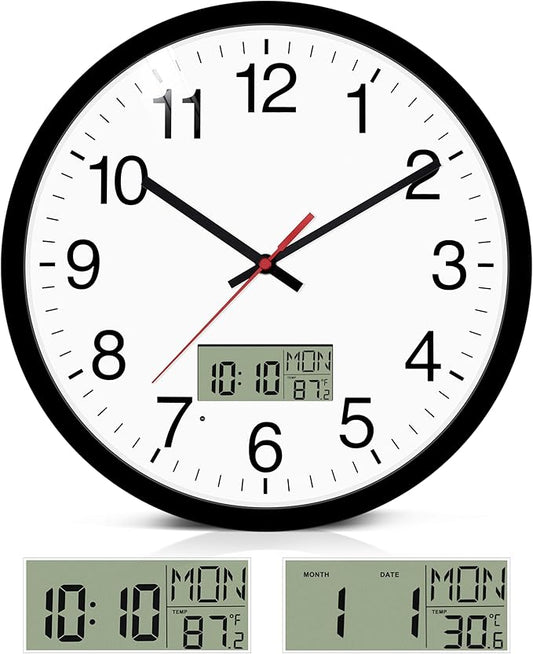 12" Digital Wall Clock with Temp Week Switchable Time and Perprtual Calendar on LCD Display, Silent Battery Operated Analog Clock for Bedroom Classroom Office Garage (Black)