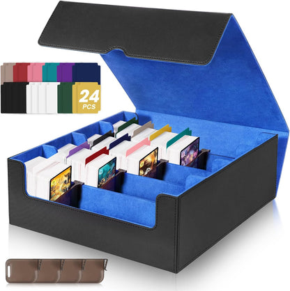 Card Organizer Box, 3000+Trading Card Storage Box, PU Leather Card Organizer Box With 24 Dividers, Magnetic Closure, 4 Supporters, Card Holder Box For Game Sports Card,Blue