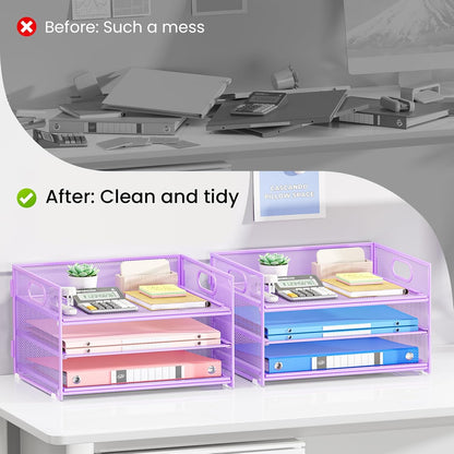 Subekyu 2-Pack 3-Tier Purple Metal Mesh Desk Paper Letter Tray & File Sorter Organizer with Handle + 1 Sliding Tray for Desk, Home, Office, School Supplies, A4 Paper and Accessories Storage