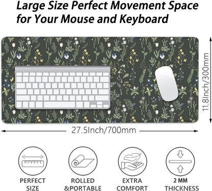 Green Plants Flowers Desk Pad Mouse Pad,Large Floral Mouse Mat with Stitched Edges,Non-Slip Rubber Base Elegant Mousepad for Office PC Keyboard Laptop and Home Work Desk Mat(27.5X11.8 in)