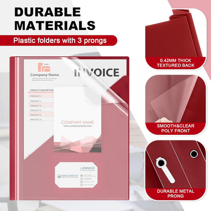 Teling 48 Pack Clear Front Report Covers with 3 Prongs Fasteners, 11.42 x 9.45 Inch Plastic Presentation Folders Bulk, 90 Sheet Capacity, Book File Covers for Office School Business, Red