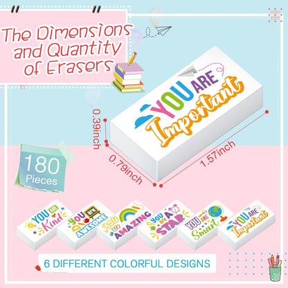 180 Pcs Inspirational Erasers for Kids Christian Pencil Erasers Bulk, Back-to-School Gifts Motivational and Cute Supplies for Students Classrooms, Drawing(White,Inspirational)