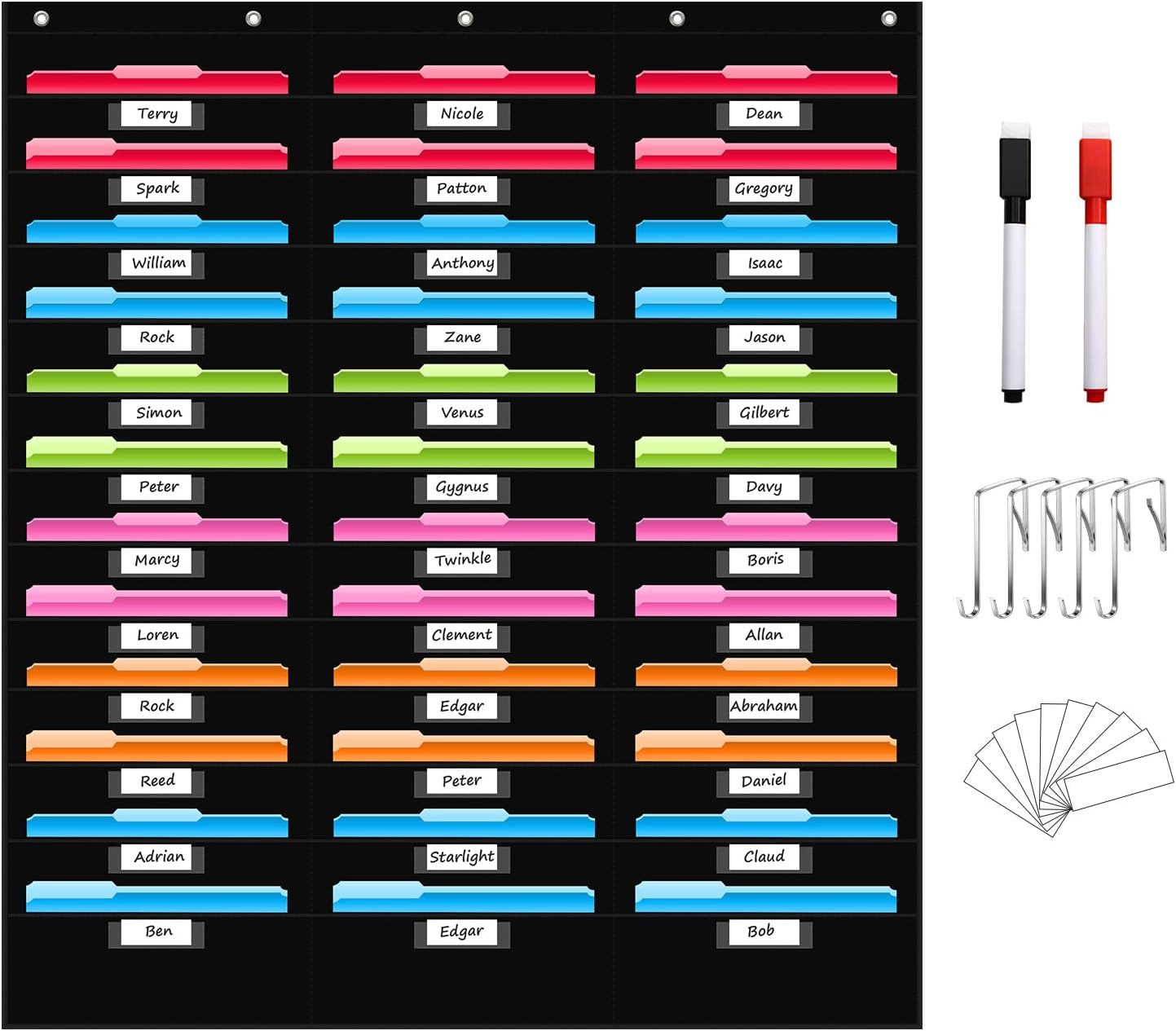 REGELETO 36 Pockets File Storage Pocket Chart with 36 Nametag Pockets, Hanging Wall File Organizer for Classroom and Office, Organize Your Assignments, Files, Scrapbooks, Paper (Black-36 Pockets)