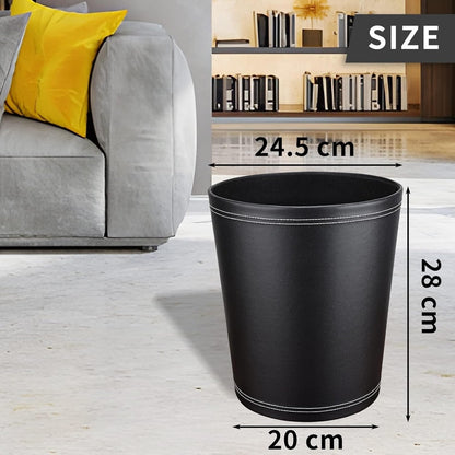 Pu Leather Trash Can, 2.6 Gallon Black Bathroom Trash Can, Small Office Garbage Can Wastebasket for Bedroom, Kitchen, Round Trash Bin Decorative Under-Sink/Desk/Home Easy to Clean