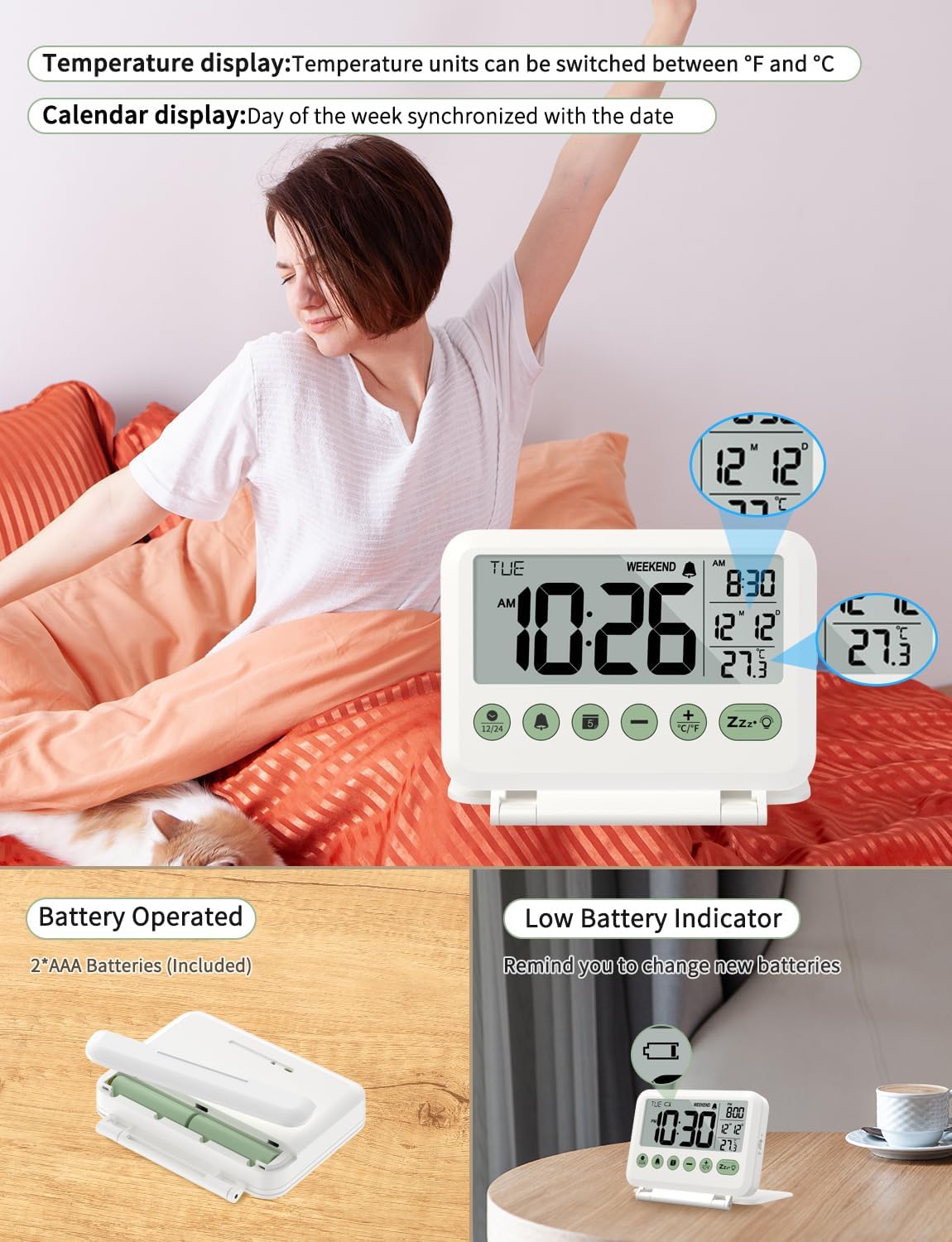 Digital Travel Alarm Clock - 3.54 inch LCD Display, 9-Minute Snooze, 2 Volume Levels, Backlight, Battery Included (White)