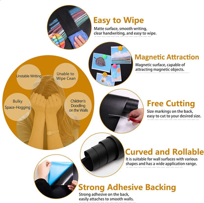 Magnetic Chalkboard Contact Paper with Adhesive, 38" x 19" Magnetic Blackboard Film for Walls, Peel and Stick – Ideal for Office, Classroom, Home. Includes Dustless Chalk, Wiping Cloth, and Magnet