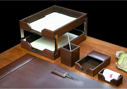 Dacasso Dark Brown Bonded Leather 8-Piece Desk Accessory Set - Organization Essentials & Executive Decor - Luxury Leather Blotter for Office Organization