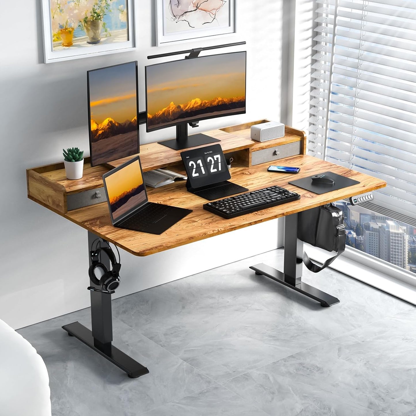 55 x 30 Inch Electric Standing Desk with 2 Drawers, Adjustable Height Widened Stand Up Desk with Storage, Sit to Stand Ergonomic Workstation for Home Office, Light Rustic