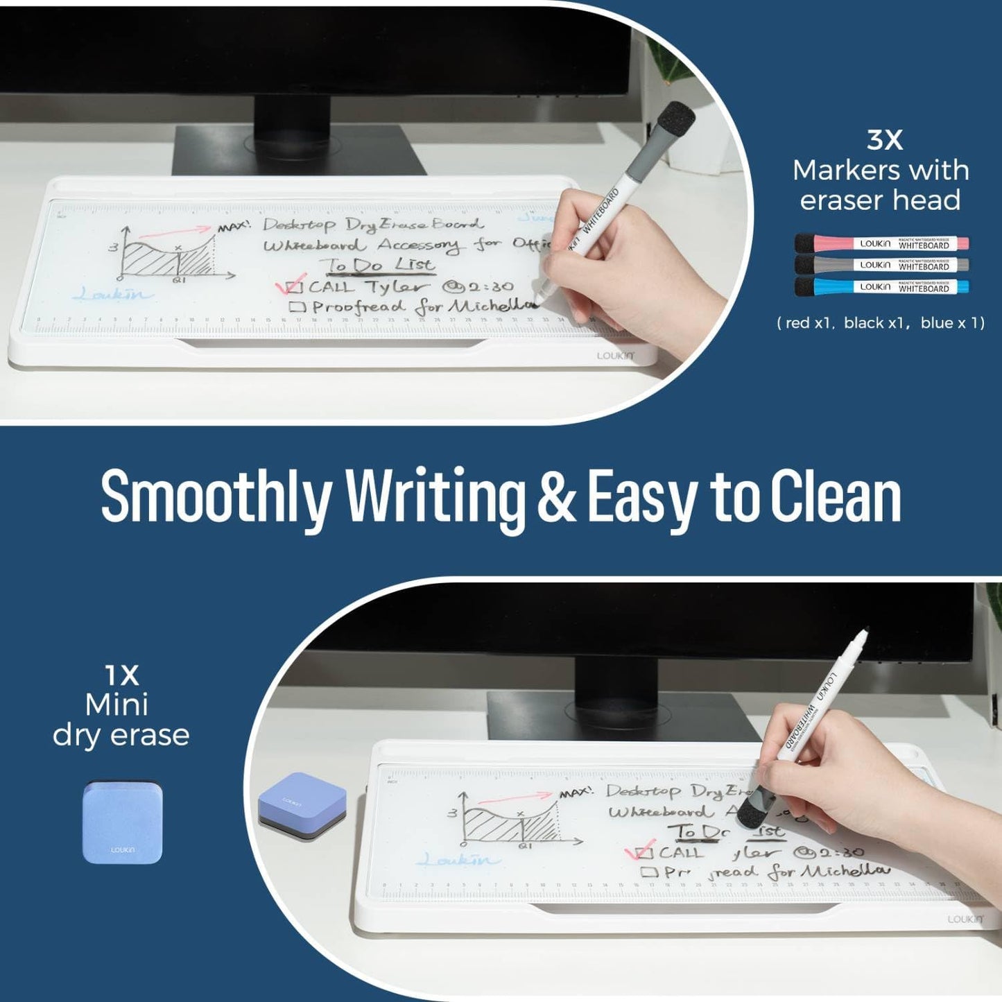LOUKIN Glass Desktop Whiteboard, 15.3" x 5.6" Dry Erase Desk Board with Dotted and Graduated Surface, Desktop Buddy, Great for Design and Drawing, 3 Markers and 1 Dry Erase Eraser Included (White)