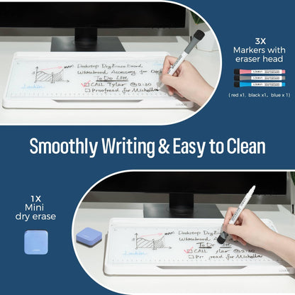 LOUKIN Glass Desktop Whiteboard, 15.3" x 5.6" Dry Erase Desk Board with Dotted and Graduated Surface, Desktop Buddy, Great for Design and Drawing, 3 Markers and 1 Dry Erase Eraser Included (White)