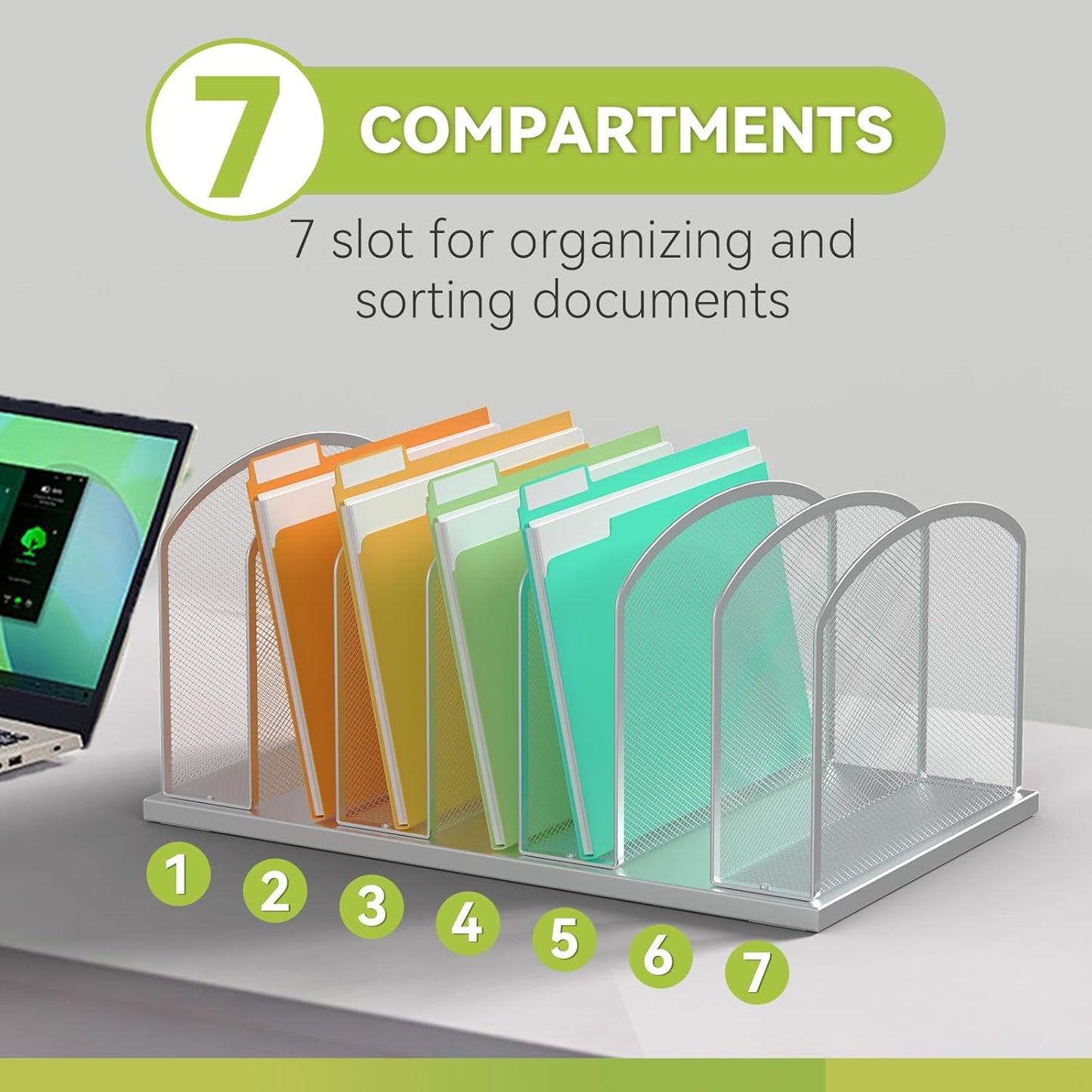 Desk File Organizer Vertical 7 Sections Mesh File Sorter Paper Storage Organizer for Desk, Office Organization File Holder Rack, Silver