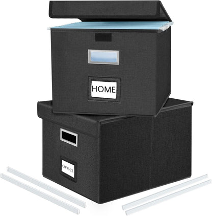 Huolewa File Organizer Boxes with Lids, Collapsible Linen Hanging Filing & Storage Boxes with Plastic Slide for Office/Decor/Home, Filling System for File/Folders/Document Storage -2 Pack