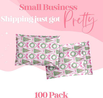 6x9 Designer Poly Mailer 100 Pack Heavy Duty Waterproof Self Seal Shipping Bags for Small Business Large Mailing Envelopes Bulk Tear Resistant Packaging Coquette Christmas Holiday Bows
