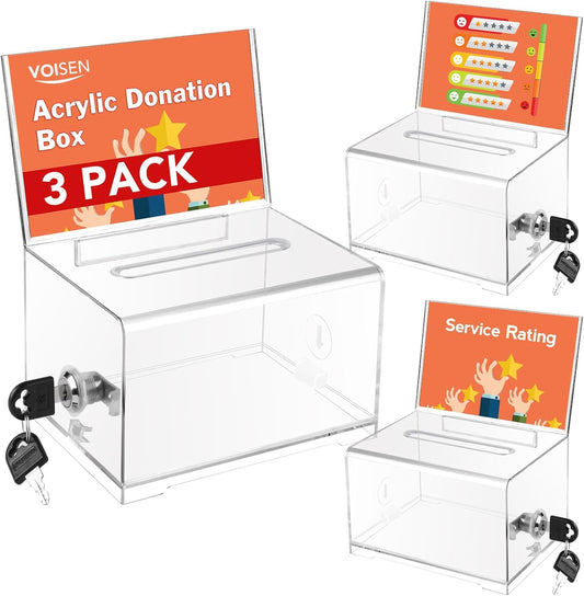 VOISEN Clear Donation Box with Lock,3 Pack Ballot Box with Sign Holder,Tip Jar for Fundraising, Voting Boxes with Slot for School,Conference 6.2x4.6x3.9 Inch