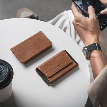 VULKIT Leather Business Card Holder Case for Men Slim Pocket Business Card Wallet Name Card Case Holder, Holds 20 Business Cards Brown