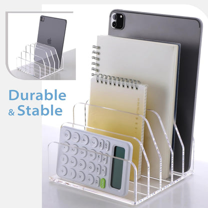 SANRUI Acrylic Desk File Organizer Holder for Desk, Clear Laddered 5 Upright Compartments Mail Sorters, Multifunction Desktop Envelope Folder Racks Document Holders for Office, Home, School