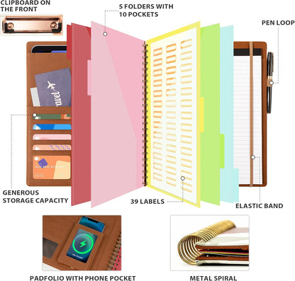 Clipboard with Storage for Men Women, Leather Padfolio Portfolio Organizer 5 Folders with 10 Pockets, Spiral Clipboard Folio with Notepad for Letter Size, Elastic Closure and Pen Loop Brown