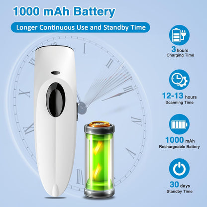 Alacrity1D 2D QR Barcode Scanner Compatible with 2.4G Wireless & Bluetooth Function & Wired Connection, Cordless Handheld Barcode Scanner Compact Plug and Play, Connect Smart Phone, Tablet, PC White