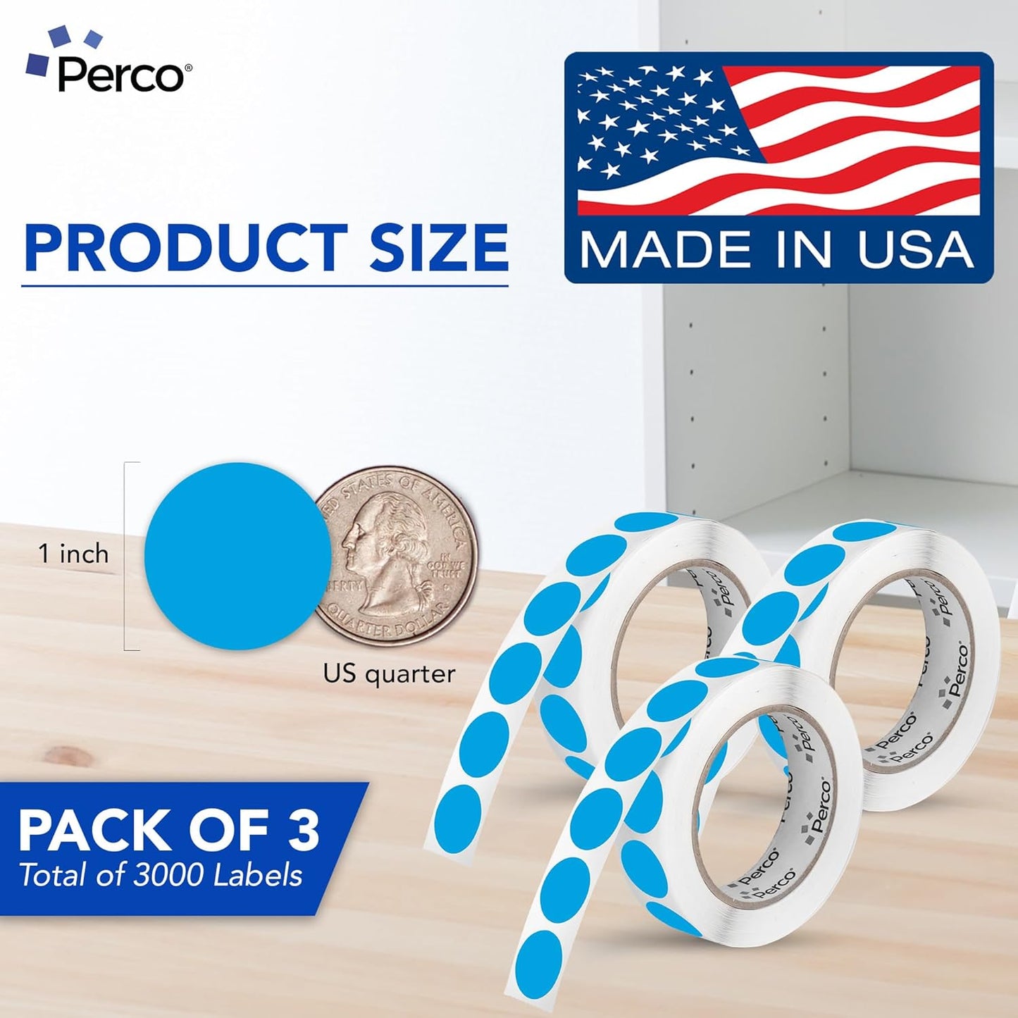 Perco Light Blue 1-Inch Round Circle Dot Sticker Labels - Multi-Roll Pack (3 Rolls, 1,000 Labels Each) - Permanent Adhesive, Vibrant Colors, Strong Hold - Perforated for Easy Use - Made in USA