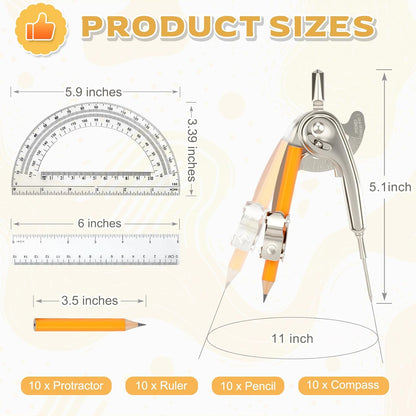 40 Pieces Geometry Math Set Compass for Geometry Math Compass and Protractor Set Include Metal Compass with Pencil Plastic Ruler and Protractor for Student School Office Woodworking Drawing Tools