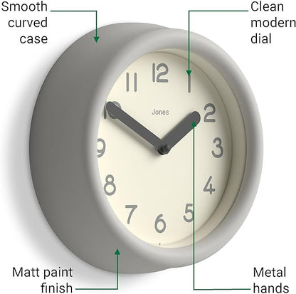 JONES CLOCKS® Fuze Wall Clock | Small Round Clock | Gray | Playful Modern Design with Soft sculptural Presence | Ideal for Kitchens Living Rooms Kid's bedrooms