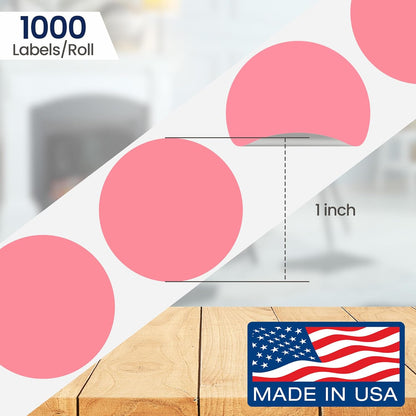 Perco Pink 1-Inch Round Circle Dot Sticker Labels with Removable Adhesive – 1,000 Labels per Roll – Versatile, Vibrant Colors, Reliable Hold, No Residue, Perforated for Convenient Use – Made in USA