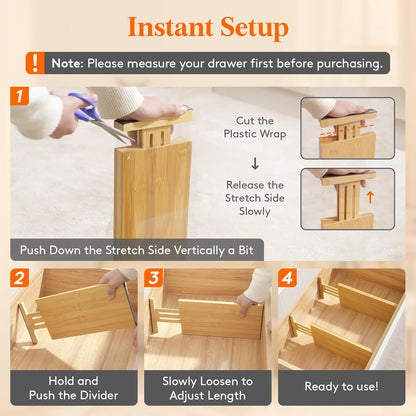 Lifewit 4 Pack Drawer Dividers Bamboo 6" High, 11-17" Adjustable Drawer Organizers for Clothes, Expandable Dresser Separators in Bedroom/Bathroom/Kitchen/Fridge/Office Organization and Storage