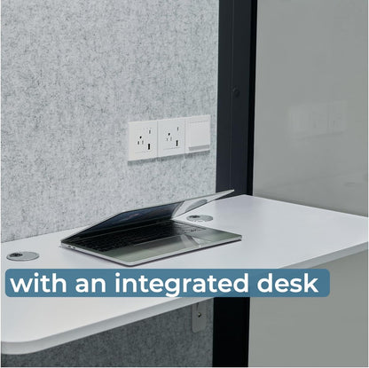 Solo Office Pod, Sound Pod, Mobile Office Pod Booth, SoundProof Booth for Office, Privacy pod, Mobile Roller with Desk, LED Light, Centrifugal Fans and AC USB Ports - Black/Smoked Glass