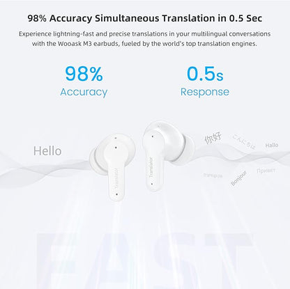 M3 AI Translation Earbuds Real Time, Language Translator Device in 144 Languages, 3-in-1 Offline Two-Way Audífonos Traductores, Live Translate Headphones, No Subscription Required (White)