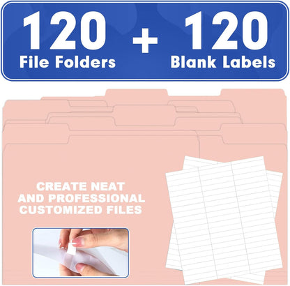 File Folder, HERKKA 120 Pack 1/3 Cut Tab File Folders, File Folders Great for Organizing and Filing, Letter Size, Pink