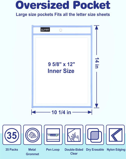 SUNEE 35 Packs Oversized Reusable Dry Erase Pocket Sleeves with 2 Rings, 10 Morandi Colors 10x14 Ticket Holders, Clear Plastic Sheet Protectors, Teacher School Classroom Supplies