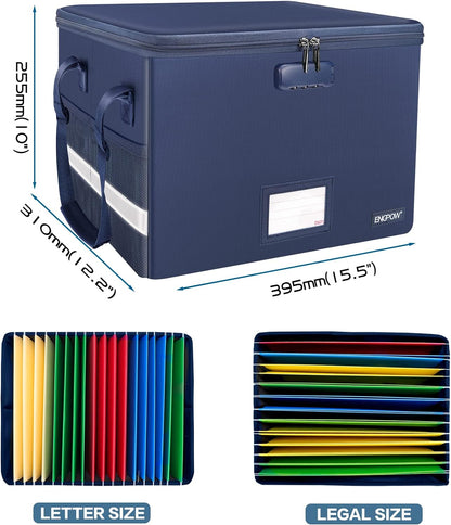 ENGPOW File Box with Lock, Fireproof Document Box with Zipper＆Pockets, Collapsible File Organizer Filing Storage Cabinet with Handle, Portable Home Office Safe for Hanging Letter/Legal Folder, Blue
