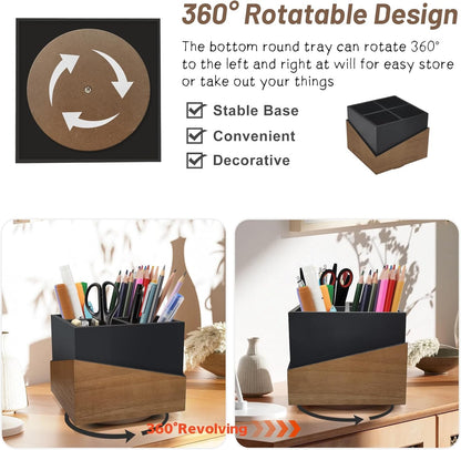 Rotating Pen Holder for Desk, Black Pencil Holder Pen Cup with Wood Grain Veneer, Wooden Desktop Pen Organizer Desk Caddy Organizer for Makeup Brush, Flatware, Remote Control