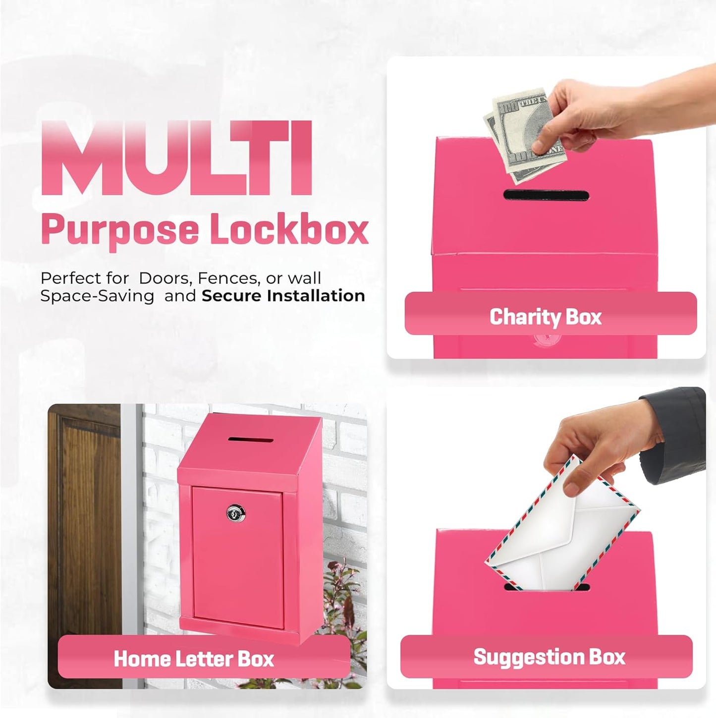 Metal Donation Box-Suggestion Box with Slot and lock-Cash Lock box for Money-Secure Drop Box-Comment and ballot voting box-comes with pre-drilled holes for easy wall mounting 10 X 6 X 2.5"(Pink)