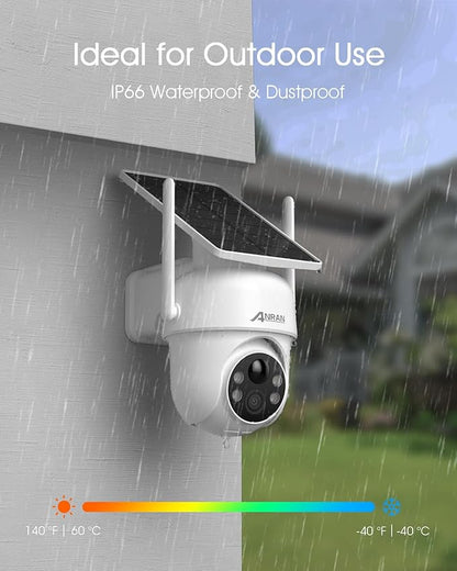 ANRAN Solar Security Cameras Wireless Outdoor,2K Cameras for Home Security with Fixed Solar Panel, 360° PTZ for Home Surveillance,2.4G WiFi, PIR Human Detection, 3MP Color Night Vision, 2 Pack