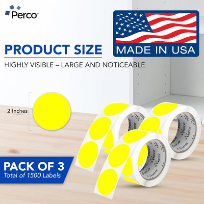 Perco Fluorescent Yellow 2-Inch Round Circle Dot Sticker Labels - Multi-Roll Pack (3 Rolls, 500 Labels Each) - Permanent Adhesive, Vibrant Colors, Strong Hold - Perforated for Easy Use - Made in USA