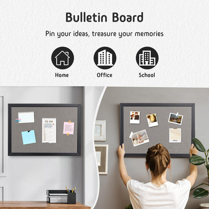 Bulletin Board 36 x 24 Inch, 100% Wood Framed Canvas Cork Board with Grey Fabric, Wall Mounted Notice Board for Home Office School