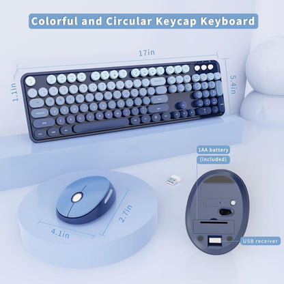 Wireless Keyboard and Mouse Combo, Ergonomic Full Size Typewriter Retro Round Keycaps Keyboard, Compatible with Windows, PC, Perfer for Home and Office Keyboards (Twilight Blue
