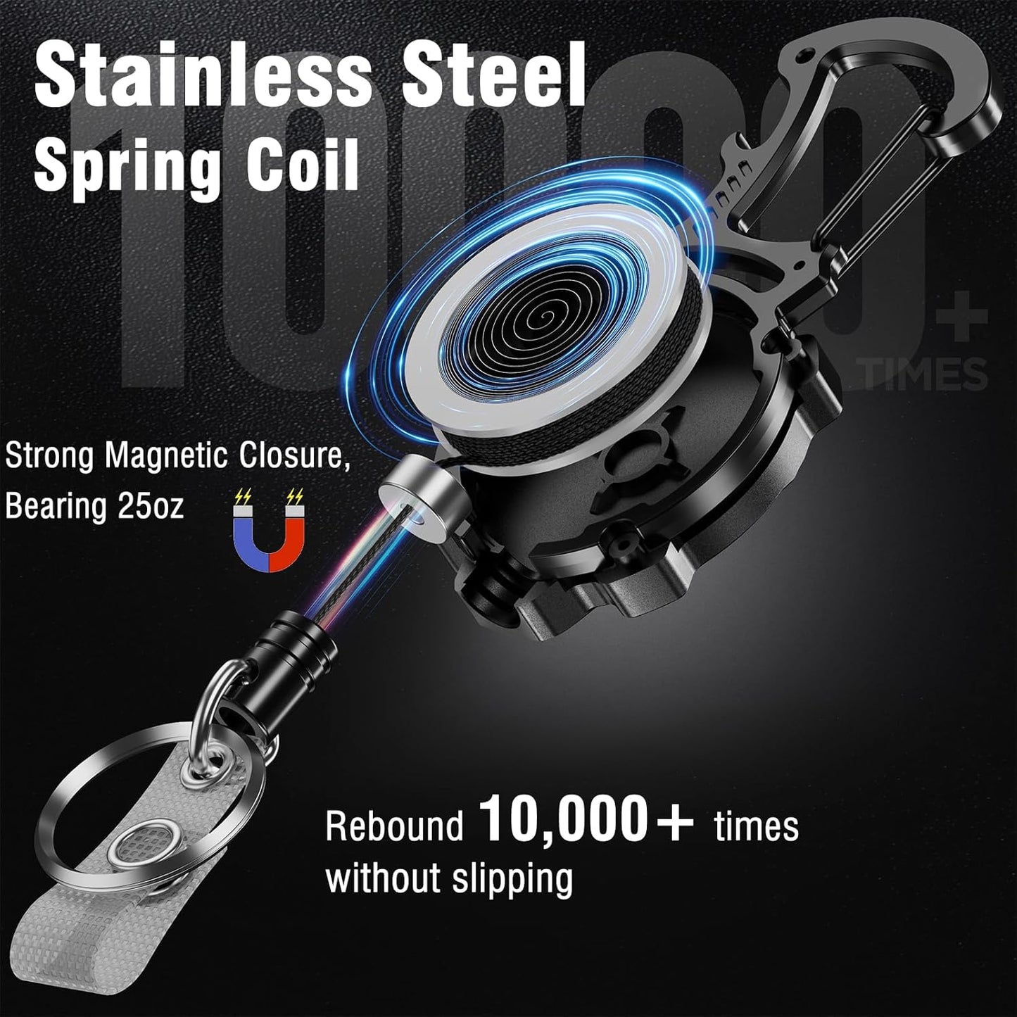 1Pack Heavy Duty Retractable Keychain, Tactical ID Badge Holder Reel Carabiner Clip with Magnetic Closure for Men, Unbreakable Sandwich Construction with 31" Dyneema Cord, Bearing 25oz