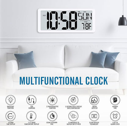 TXL Rechargeable Atomic Clock with Backlight, 14.2" Large Display Digital Wall Clock Battery Operated with Day, Date & Temperature, Large Wall Clock for Bedroom, Livingroom, Office（White）