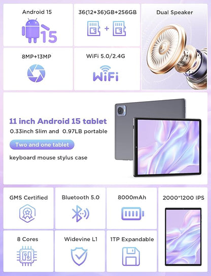 2025 Tablet 10.4 inch Android 15 Tablets with Keyboard Stylus Mouse: 2K IPS Tablette (2000x1200), 36GB+256GB(1TB TF), 5G/2.4G Dual WiFi, 8-Core 1.6GHz, 8000mAh,8+13MP, Widevine L1- Gray