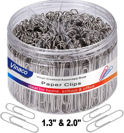 Vinaco Paper Clips Smooth Silver, Medium and Jumbo Paper Clip (1.3 inch & 2.0 inch), Durable and Rustproof, Coated Paper Clips Great for Office School and Personal Use